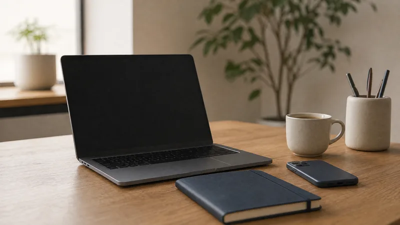 Aufgeräumter Arbeitsplatz mit Laptop und Smartphone