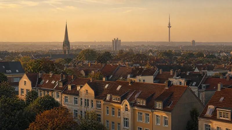 Blick über die Dächer eines Dortmunder Wohnquartiers im Abendlicht