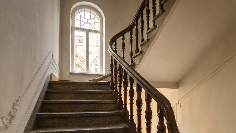 Treppenhaus eines gepflegten Altbaus mit Holzhandlauf und Terrazzostufen