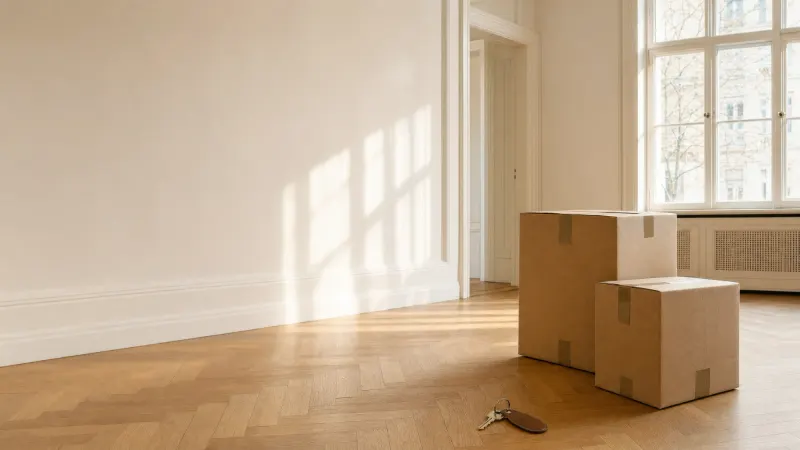 Leere, frisch übergebene Altbauwohnung mit Parkett, Umzugskartons und Wohnungsschlüssel
